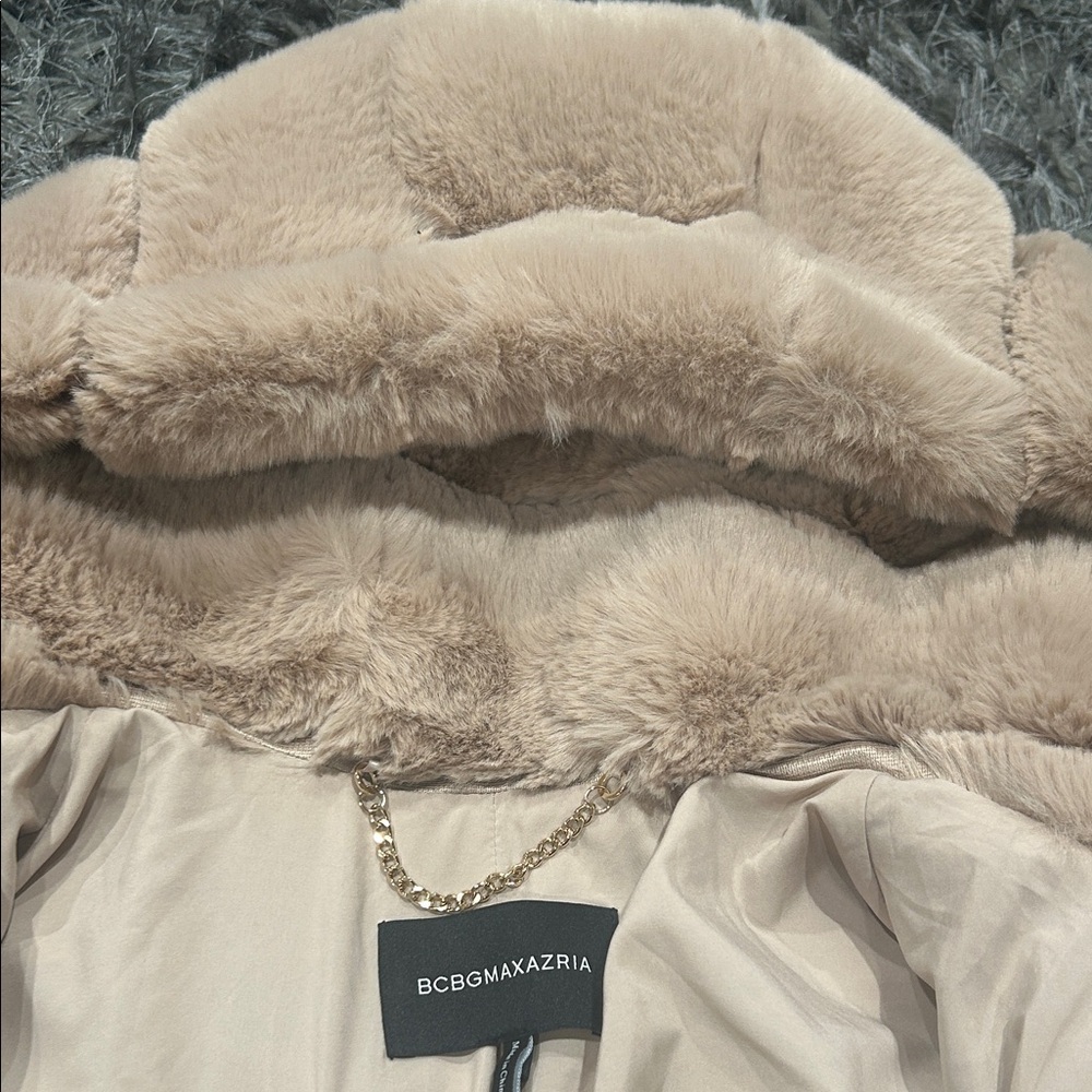 BCBGMaxAzria Plush Hooded Puffer Jacket in Beige - Picture 5 of 8